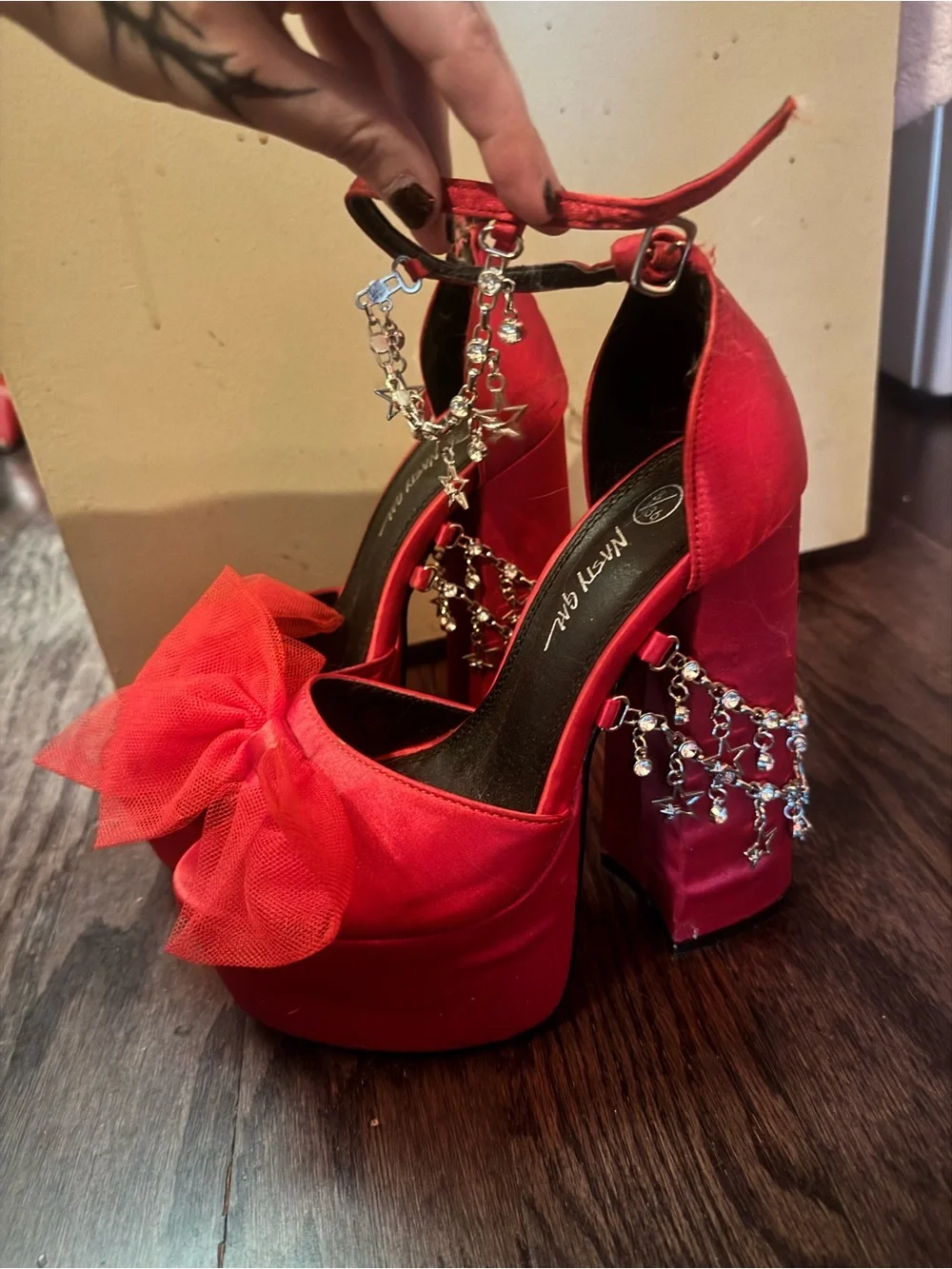 Nasty Gal Red Platform Ankle-Strap Heels with Bow and Crystal Chains